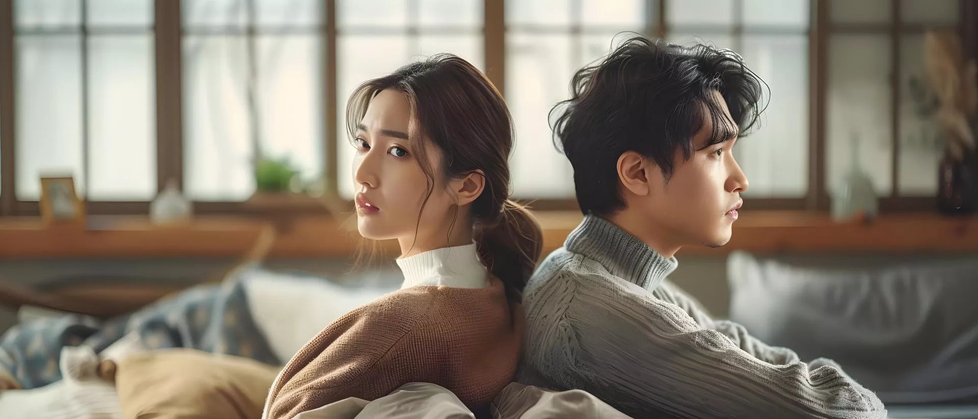 兩名使用者在室內空間中背對背坐著，各自看向不同方向，背景可見窗戶與居家擺設，呈現安靜互動的生活情境。